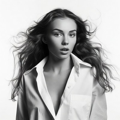 Woman with flowing hair in white shirt