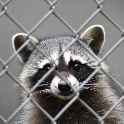 Raccoon peering through chain link fence