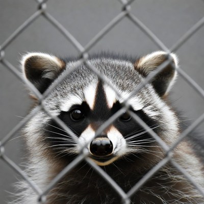 Raccoon peering through chain link fence