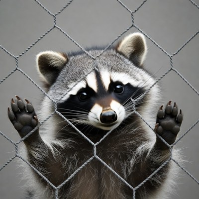 Raccoon peering through chain link fence