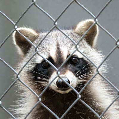 Raccoon peering through chain link fence