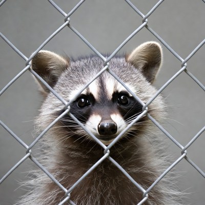 Raccoon peering through chain link fence
