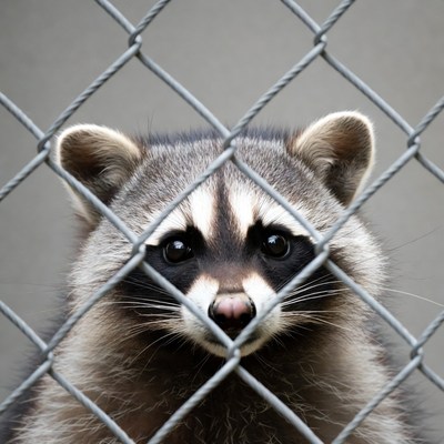 Raccoon peering through chain link fence