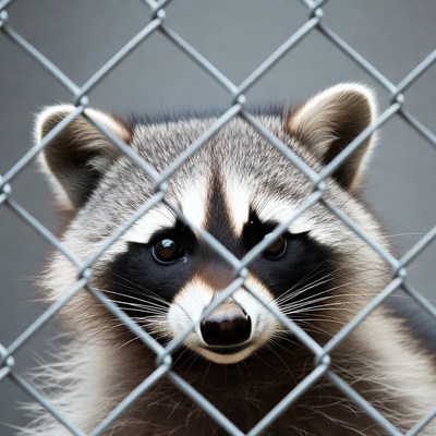 Raccoon peering through chain link fence