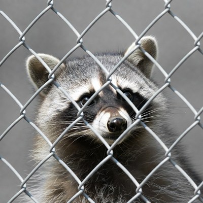 Raccoon peering through chain link fence