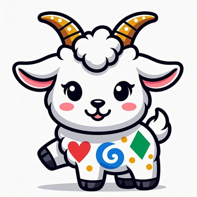 Cute white goat with card symbols