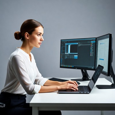 Woman working on dual monitors