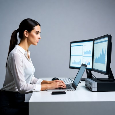 Woman analyzing charts on dual monitors