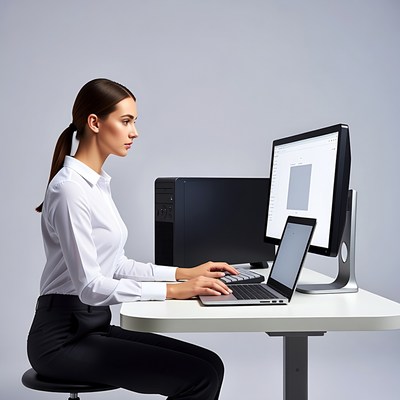 Woman working on dual monitors