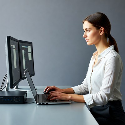 Woman working on dual monitors laptop