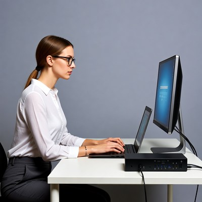Woman working on dual monitors