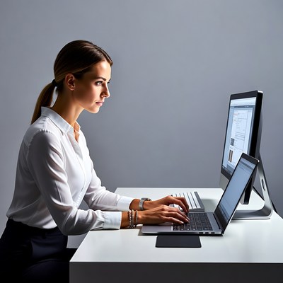 Woman typing on laptop at desk