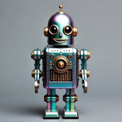 Smiling Iridescent Robot on Gray Background