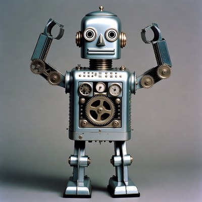 Blue robot flexing arms