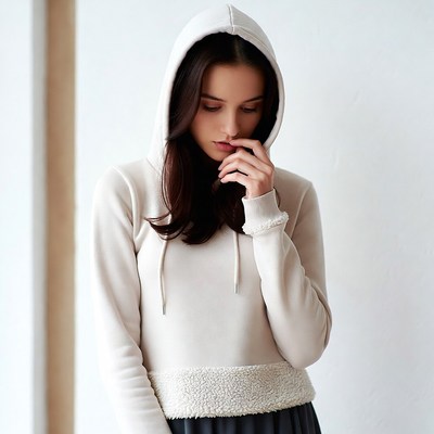 Woman in white hoodie touching chin