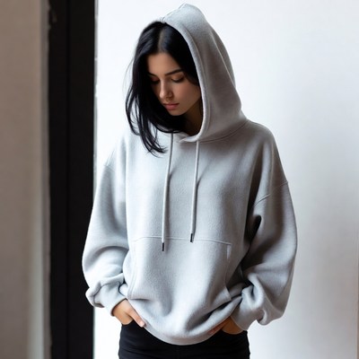 Woman in gray hoodie by window