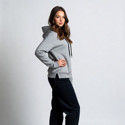 Woman in gray hoodie and pants