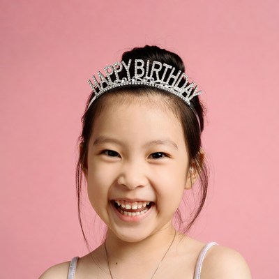 Asian girl wearing Happy Birthday tiara