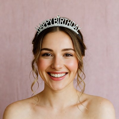 Woman wearing Happy Birthday tiara