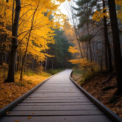 Wooden Path Through Autumn Forest