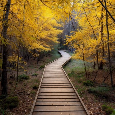 Winding Wooden Boardwalk in Autumn Forest