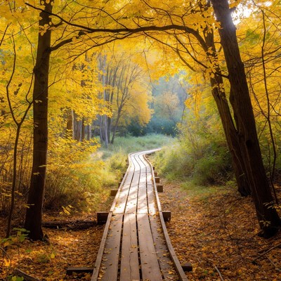 Wooden Boardwalk Through Autumn Forest