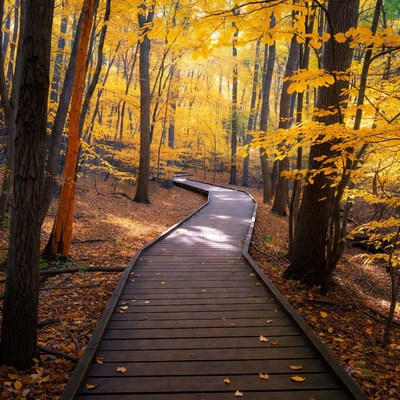 Wooden Boardwalk in Autumn Forest
