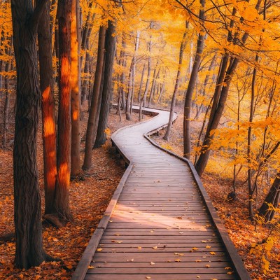 Autumn Boardwalk Through Golden Forest