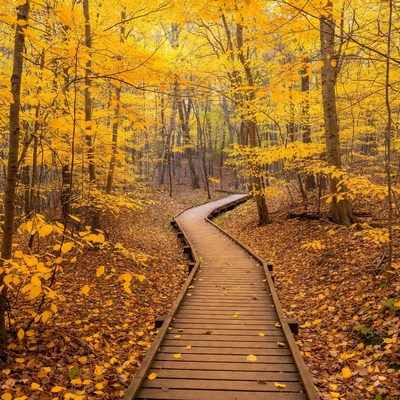 Wooden Boardwalk in Autumn Forest