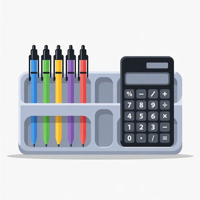 Colorful Pens and Calculator in Organizer