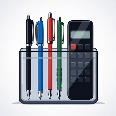 Pens and Calculator in Clear Holder