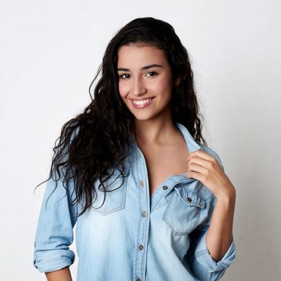 Smiling woman in open denim shirt