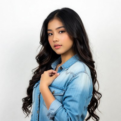 Asian woman in denim shirt