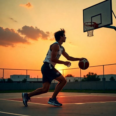 Young man dribbling basketball at sunset