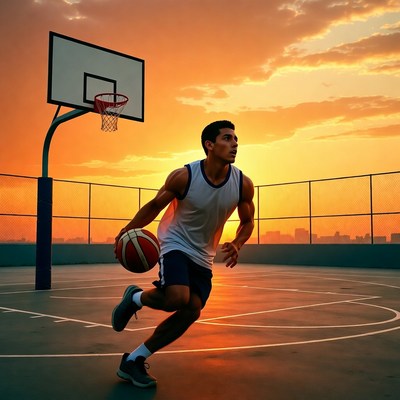 Athletic man dribbling basketball at sunset
