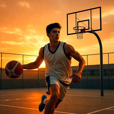 Young man dribbling basketball at sunset