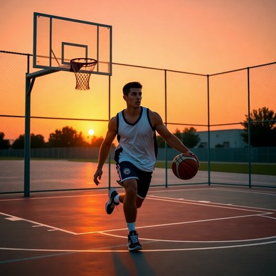 Young man dribbling basketball at sunset