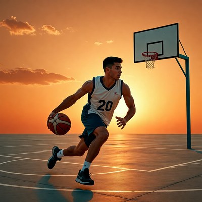Athletic man dribbling basketball at sunset