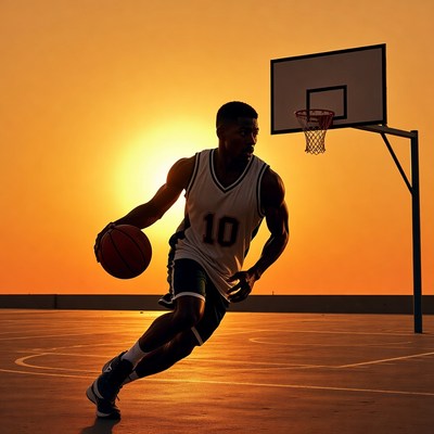 African-American man dribbling basketball at sunset