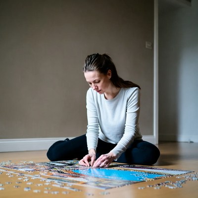 Woman assembling jigsaw puzzle on floor