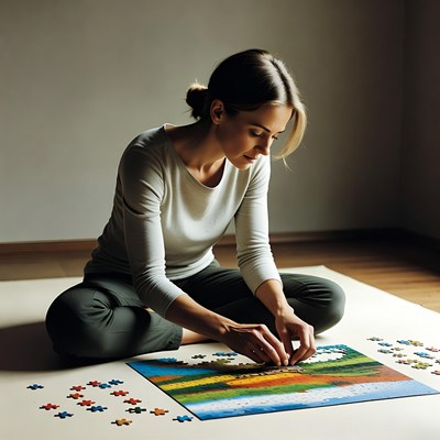 Woman assembling landscape jigsaw puzzle