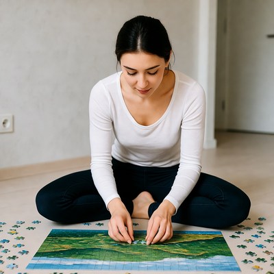 Woman assembling jigsaw puzzle on floor