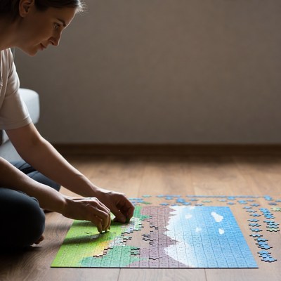 Woman assembling jigsaw puzzle on floor