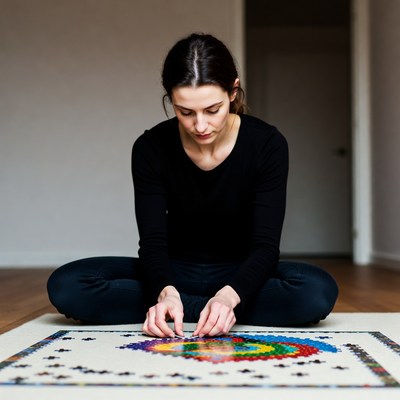 Woman assembling jigsaw puzzle on floor