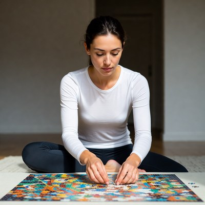 Woman assembling colorful jigsaw puzzle
