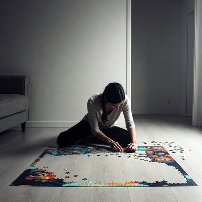 Woman assembling jigsaw puzzle on floor