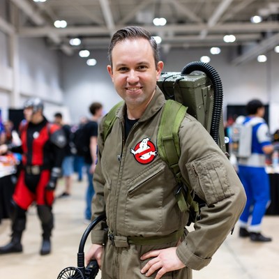 Man cosplaying as Ghostbuster