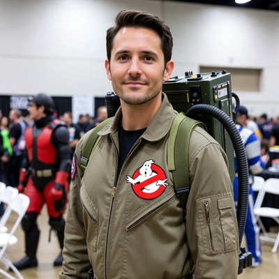 Man in Ghostbusters cosplay at convention