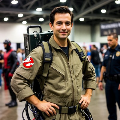 Man in Ghostbusters costume at convention