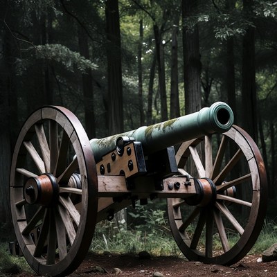 Old cannon in misty forest